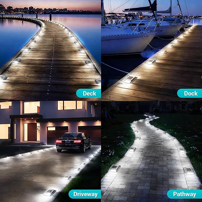 Solar Driveway Lights Outdoor 16 Pack, IP68 LED Solar Powered Waterproof Driveway Marker Deck Dock Lights for Dock Step Pathway Walkway Sidewalk Garden Yard Stair Marine (White)