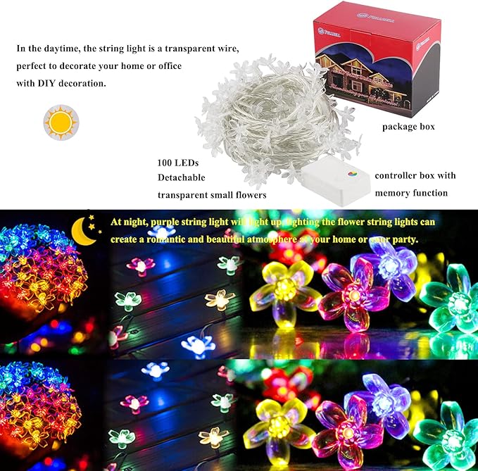 FULLBELL Indoor Fairy Flower String Lights - 33ft 100 LED Plug-in Multicolor Cherry Blossom Floral Lights for Bedroom Wall Decor, Christmas Garden & Tree Branches | Decorative String Lights