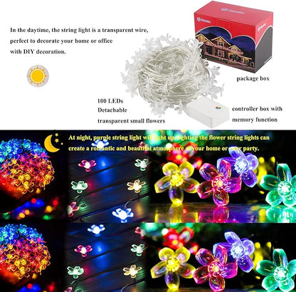 FULLBELL Indoor Fairy Flower String Lights - 33ft 100 LED Plug-in Multicolor Cherry Blossom Floral Lights for Bedroom Wall Decor, Christmas Garden & Tree Branches | Decorative String Lights