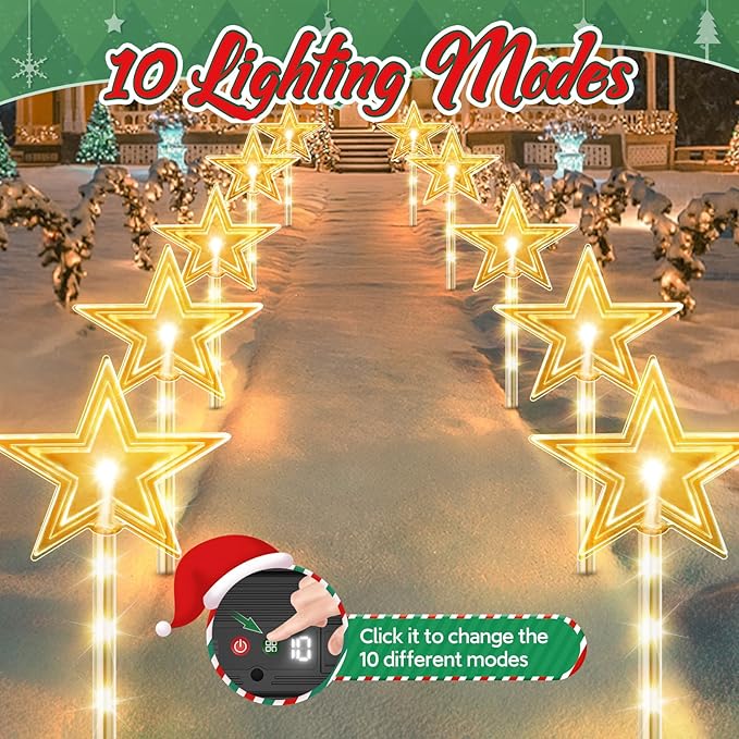8 Pack Christmas Decorations Outdoor for Yard, 2 Charging Ways Large 1200mAh Solar Christmas Pathway Lights, 32 LED Christmas Lights 10 Modes Waterproof Christmas Decorations Outside for Garden Decor