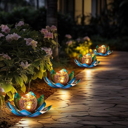 VIHOSE 4 Pcs Lotus Solar Light Outdoor LED Waterproof Art Globe Glass Decoration Outdoor Table Decor Garden Gifts Decorative Crackle Globe Glass Metal Lotus Flower for Patio Lawn (Blue)