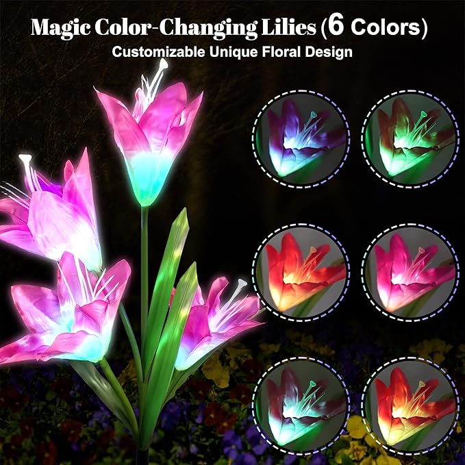 3 Pack Solar Powered Lily Flower Lights Outdoor, Waterproof Color Changing Garden Lights with Large Solar Panel for Patio, Yard, Pathway Decoration