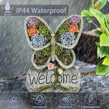 Solar Garden Statues Lights, Succulent Butterfly Resin Lamp with 8 LED, Outdoor Decoration Statues with Welcome Sign Table Lamp for Patio Lawn Yard, Garden Gifts for Mom (Purple Succulent)
