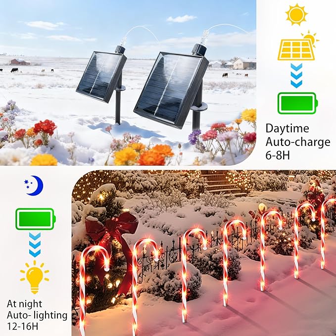 Solar Christmas Decorations Outdoor: 12 Pack Red Candy Cane Pathway Lights - 21" Waterproof LED 8 Blinking Models | Lumora