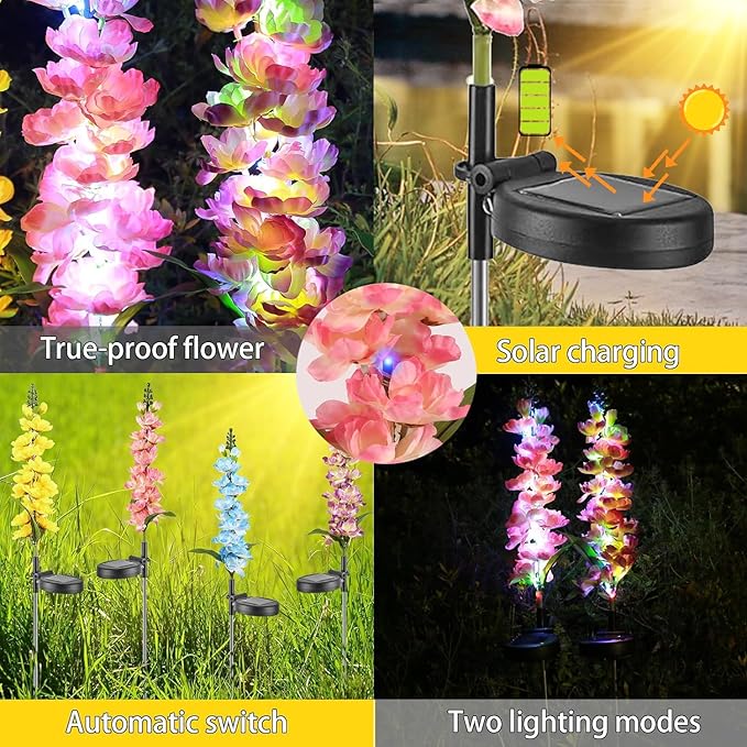 Solar Delphinium Flowers Lights Waterproof Color Lights Upgraded Solar Panel 2 Light Modes Solar Waterproof LED Solar Lights Outdoor for Yard Garden Lawn Pathway Decoration (8)