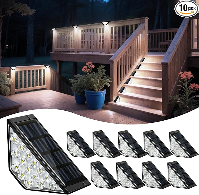 Solar Step Lights for Outside, Solar Stair Lights Outdoor Waterproof, Deck Step Lights for Fence, Patio, Yard, Porch, Front Door, Sidewalk, Garden, Patio Decor (10, Cool White)