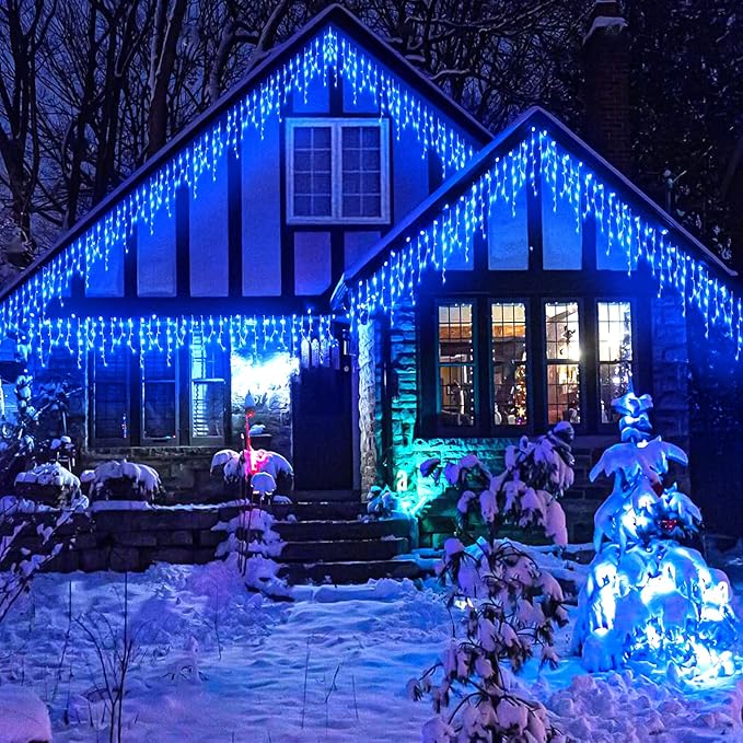 Icicle lights Outdoor - 33ft Christmas Lights with 400LED 75 Drops 8 Modes, Plug in Curtain String Lights Waterproof for Holiday Wedding Party Home Garden Bedroom Indoor Outdoor Decoration, Blue