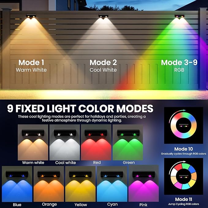Solar Fence Lights Outdoor, Solar Wall Lights 9 Fixed Colors ＆ Color Changing Modern Solar Powered Deck Light for Halloween Step Stair Patio Backyard Porch Railing decor, IP65 Waterproof (16 Pack)