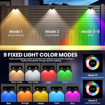 Solar Fence Lights Outdoor, Solar Wall Lights 9 Fixed Colors ＆ Color Changing Modern Solar Powered Deck Light for Halloween Step Stair Patio Backyard Porch Railing decor, IP65 Waterproof (16 Pack)