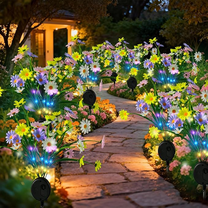 Solar Path Lights Outdoor 4 Pack, LED Flower & Butterfly Decor, Waterproof Auto On/Off, Bigger Solar Panel for Yard, Patio, Garden Walkway Decoration Gift for Mom (Colour)