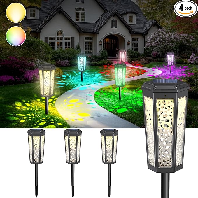 Solar Powered Pathway Lights Outdoor Warm White & RGB Color Changing LED Landscape Decor Waterproof for Patio, Yard, Walkway, Garden, Auto On/Off 4 Pack 2 Modes (Warm White & Multicolor, 4 Pack)