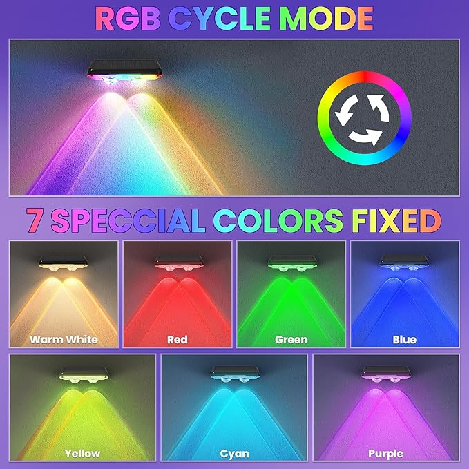 Solar Fence Lights Outdoor 1-Pack, 8 Modes (RGB Cycle/ 7 Color Fixed) IP65 Waterproof Auto Dusk to Dawn, Solar Deck Lights for Step, Wall, Pathway, Stairs, Patio