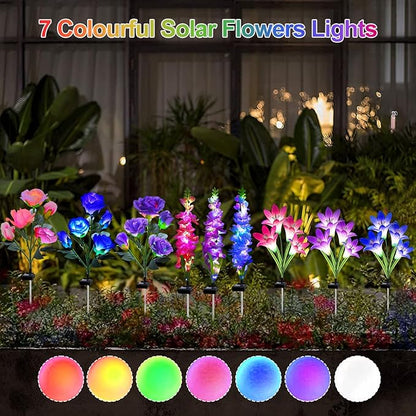 Solar Garden Lights Waterproof, 3 Pack Solar Flowers Lights Includes Lily Rose Delphinium, Gardening Gifts for Mom Grandma Women, 7-Color Changing Outdoor Decor for Garden Yard Patio Lawn