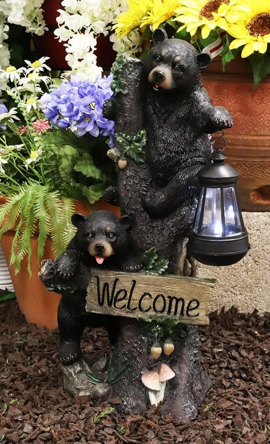 Ebros Climbing Black Bear Cubs Garden Light Statue Figurine Solar LED Lantern Light Welcome Sign Guest Greeter Decor for Patio Poolside Garden Home
