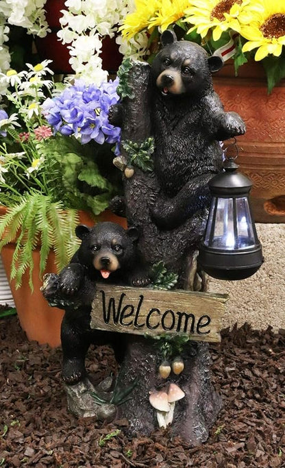 Ebros Climbing Black Bear Cubs Garden Light Statue Figurine Solar LED Lantern Light Welcome Sign Guest Greeter Decor for Patio Poolside Garden Home
