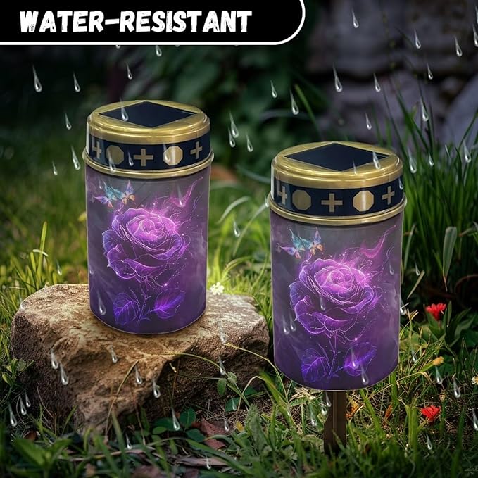 Purple Rose Solar Lights Outdoor Waterproof Solar Lights LED Grave Solar Light for Outdoor Cemetery Solar Stake Lights for Pathway Garden Yard