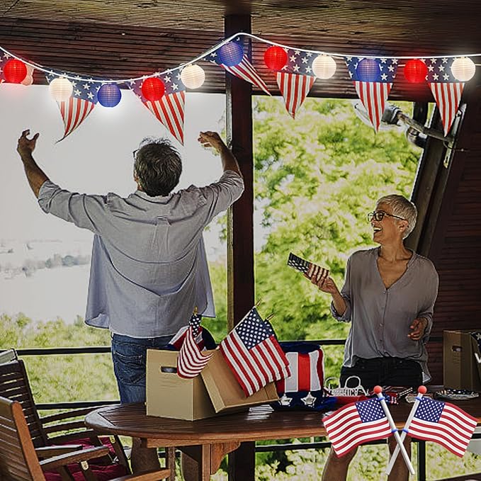 8.5FT Lantern String Lights, Red White and Blue Nylon Lanterns with 10 Mini Incandescent Bulbs, Plug in Connectable Outdoor Patio Lights for Independence Day President Memorial Day