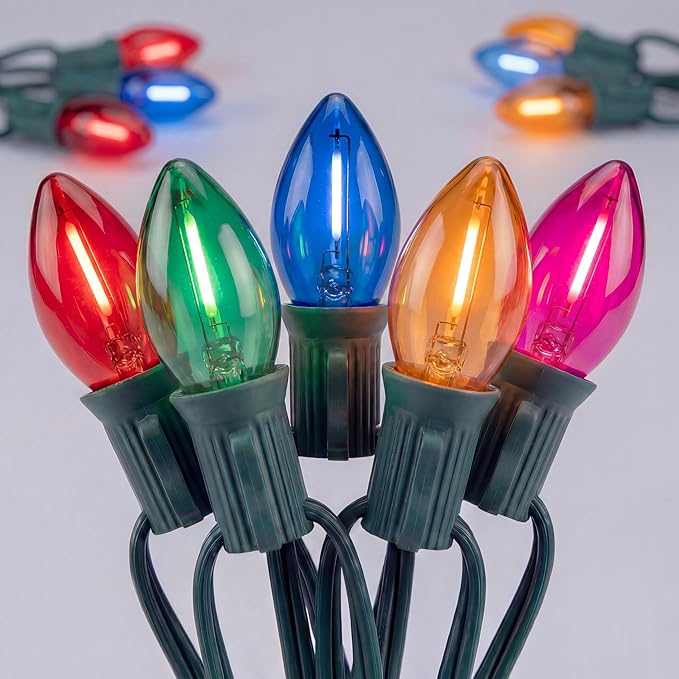 25Ft Multicolor C7 Vintage Outdoor String Lights with 27 LED Bulbs(2 Spare), Waterproof for Patio Garden Party Wedding Holiday Decorations-Green Wire