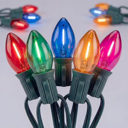 25Ft Multicolor C7 Vintage Outdoor String Lights with 27 LED Bulbs(2 Spare), Waterproof for Patio Garden Party Wedding Holiday Decorations-Green Wire