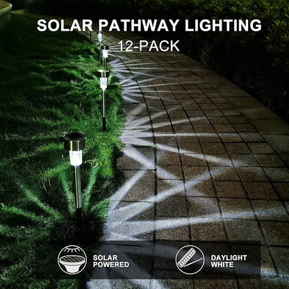 Solar Lights Outdoor Waterproof, Stainless Steel LED Landscape Lighting, Solar Garden Lights, Outdoor Valentines Day Decorations for Yard, Pathway, Walkway, Patio, Lawn - 12 Pack ( Cold White )
