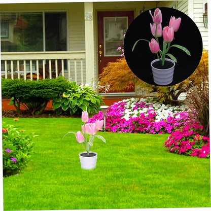 Solar Flower Light Outdoor Tulip Decor Charming Solar Garden Lights for Pathways Lovely Flower Pot Accent for Lawn Decoration