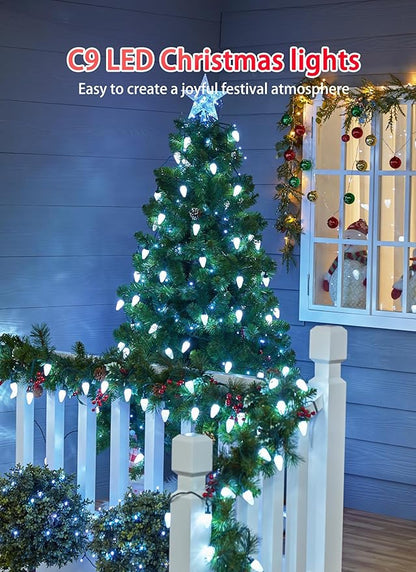 C9 Christmas Lights Outdoor, 114 Feet 150 LED C9 String Light with Timer & 8 Light Modes, Waterproof Commercial Grade Connectable Christmas Tree Lights for House Indoor Outside Roofline, Pure White