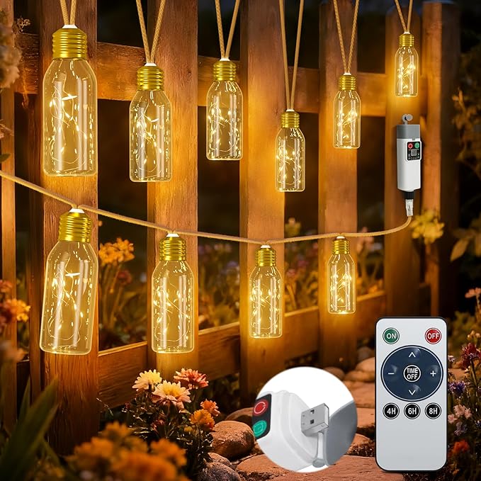 PChero 19.68FT USB Rechargeable Outdoor String Lights with Remote, 10 Shatterproof Bulbs Vintage Hemp Rope Patio Lights, 8 Modes Hanging Fairy Lights for Indoor Outdoor Decor, Balcony, Wedding, Party