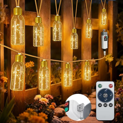 PChero 19.68FT USB Rechargeable Outdoor String Lights with Remote, 10 Shatterproof Bulbs Vintage Hemp Rope Patio Lights, 8 Modes Hanging Fairy Lights for Indoor Outdoor Decor, Balcony, Wedding, Party