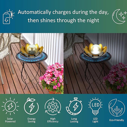 MCSLOTUS-G Gold Lotus Flower Solar LED Garden Light with Crackled Glass Globe – Waterproof Metal Outdoor Décor
