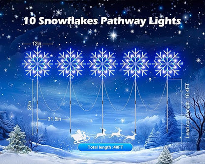 Brightown Large Snowflake Pathway Lights,10-Pack 34" Outdoor Snowflake Christmas Lights Decor for Yard, 8 Modes Sidewalk Marker Stake for Driveway Walkway, IP44 Waterproof,Blue and White