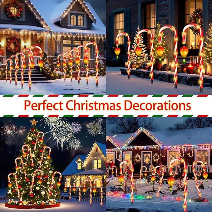 12 Pack Outdoor Solar Christmas Decorations, 180 Bright LED Solar Candy Cane Christmas Lights 8 Lighting Modes | Lumora