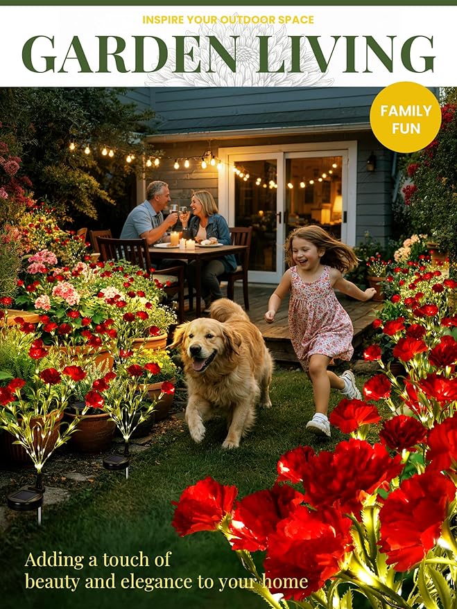 GIGALUMI Solar Lights Outdoor for Garden Decor, 4 Pack Solar Flower Lights Waterproof, 2 Lighting Modes 28 Carnation Flowers for Pathway,Yard, Patio Decoration, Gardening Gifts for Women (Red)