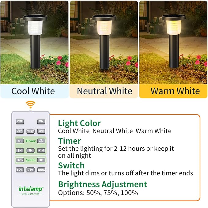 intelamp Solar Garden Lights Outdoor Waterproof, 2 Pack Bright LED Solar Powered Patio Decor Lighting Outside with Remote Control 3 Color Auto On/Off Yard Light for Lawn Pathway Porch Landscape Path