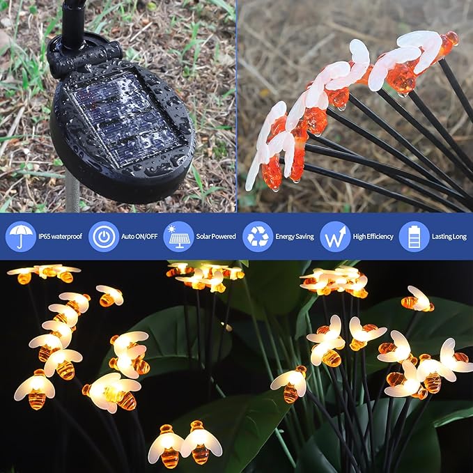 Solar Bee Lights Outdoor Waterproof, 2 Pack Solar Garden Lights with 16 LED and Two Modes,Outdoor Decor for Yard Pathway Landscape Decor with Warm White Light, Garden Decor for Outside