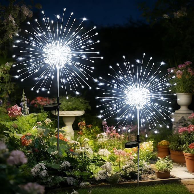 Solar Garden Lights Outdoor,Waterproof Garden,2 Pack 200 LED Twinkling Firework Lights Decorative with 8 Modes,Decor for Yard Patio Pathway Lawn for Yard Outside Fairy Decorative (White light-2Pack)