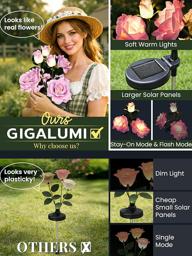 GIGALUMI Solar Lights Outdoor for Garden Decor, 3 Pack Solar Flower Lights Waterproof, 2 Lighting Modes 9 Rose Flowers for Pathway,Yard, Patio Decoration, Gardening Gifts for Women (Purple)