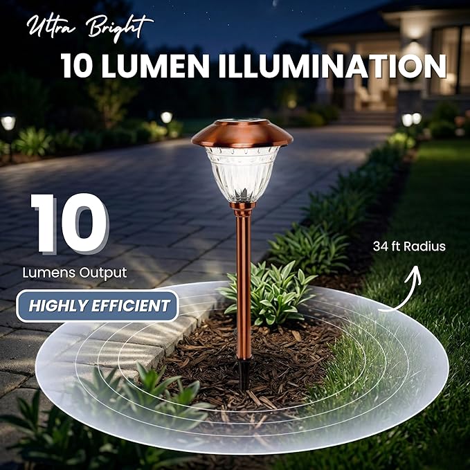 Energizer Solar Outdoor Garden Lights - 10 Pack LED Driveway Solar Lights with 10 Lumen Output, Patterned Glass & Metal Finish, IP65 Waterproof & Easy to Install Garden Lights for Outside - Copper