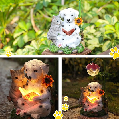 Afirst Solar Garden Statues, Dog Statues Outdoor Resin Figurine with Solar Lights Statue Decorations for Lawn, Patio, Balcony, Yard Ornament Mother's Day Gifts, Dalmatian and Cat, Dog&Cat
