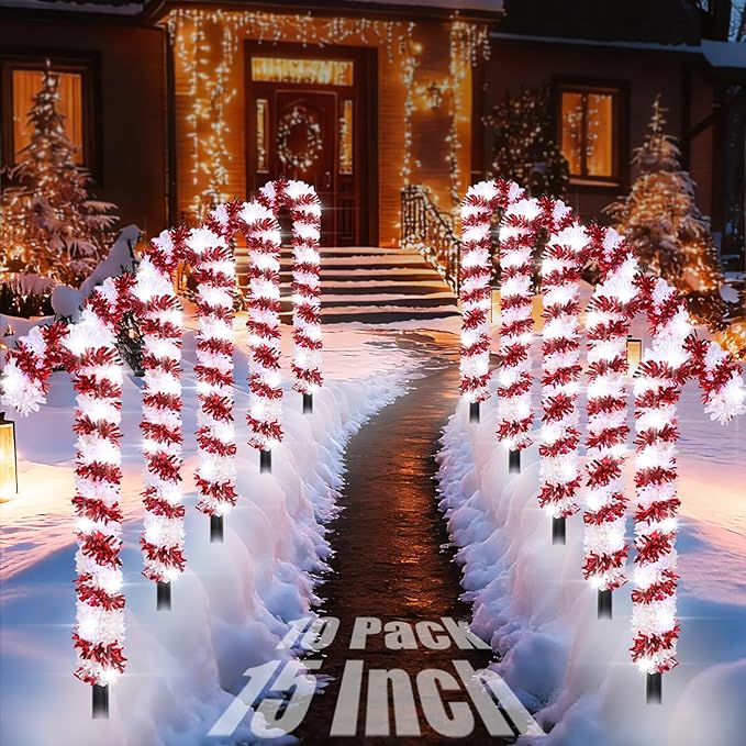 10 Pack Christmas Candy Cane Lights, 15 inch Tinsel Christmas Candy Cane Pathway Lights with 8 Modes & Timer for | Lumora