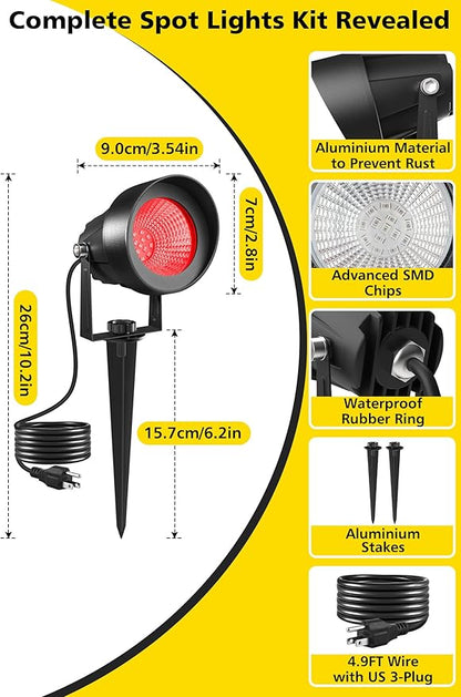 T-SUN Red Spotlight Outdoor, Waterproof LED Landscape Lighting with US Plug, Easy Install 270° Adjustable Outdoor Spot Lights for Garden Tree Yard Decor, Set of 2