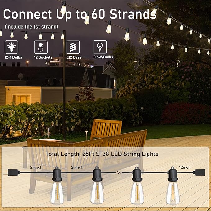 25FT LED Outdoor String Lights with 13 ST38 Edison Shatterproof Plastic Bulbs,2700K Waterproof Connectable Outdoor Patio Lights String for Home Garden Porch Cafe Yard Party Deck Decor