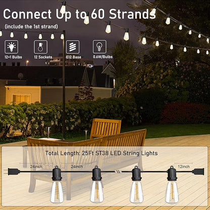25FT LED Outdoor String Lights with 13 ST38 Edison Shatterproof Plastic Bulbs,2700K Waterproof Connectable Outdoor Patio Lights String for Home Garden Porch Cafe Yard Party Deck Decor