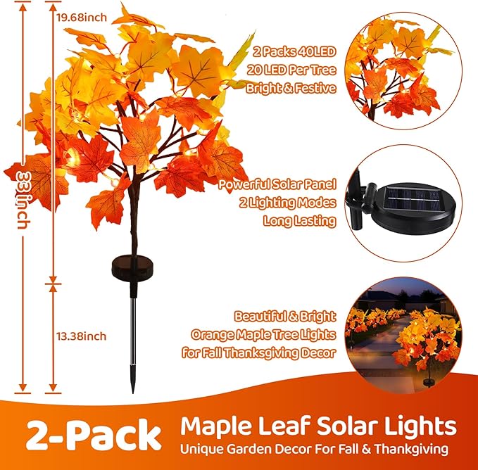 Solar Garden Lights Outdoor,2Pack Artificial Solar Fall Lighted Maple Tree,40LED With Maple Leaf Solar Stake Lights Outdoor,Thanksgiving Gift，Solar fall lights,for Yard Pathway,Thanksgiving Decoration