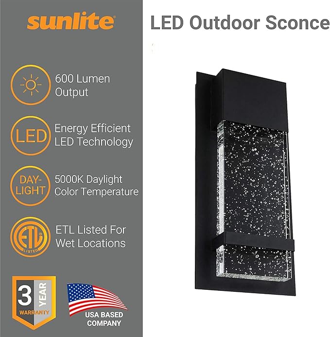Sunlite LED Wall Sconce, Black Metal Frame with Raindrop Effect Glass Panel, 6.5" Wide, 5000K Super White, Indoor & Outdoor, ADA Compliant