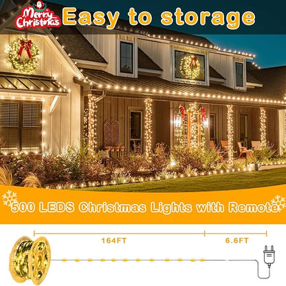 Decute 500LED 164FT Christmas Tree String Lights Green Wire Dimmable with Remote Control, UL Listed Plug in Fairy Starry Lights Decorative for Christmas Tree Party Wedding Indoor Outdoor Warm White