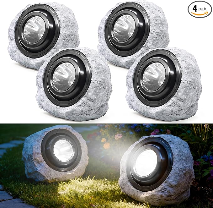 Solar Powered Rock Lights Outdoor- 4 Pack Super Bright Solar Spot Garden with 2 Lighting Modes, IP65 Waterproof Outdoor Decorative for Garden,Backyard, Roads, Yard, Patio Landscape,Sidewalks