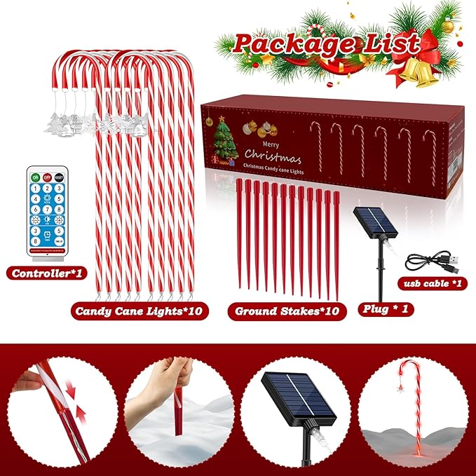 Solar Christmas Candy Cane Lights Outdoor, 20 Pack 110Led 41inch Large Christmas Decorations Pathway Lights with 8 Modes for Xmas Tree Patio Garden Yard Lawn Holiday Party Walkway Decor