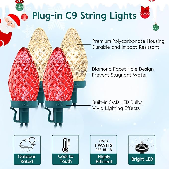 C9 LED Christmas String Lights, 66 ft 100 LED Strawberry Roof Lights, Commercial Grade Waterproof Extendable for | Lumora