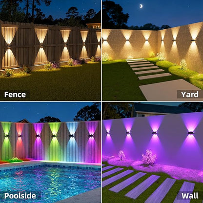 NIORSUN Solar Fence Lights Outdoor, 12 Pack Up and Down Waterproof Solar Wall Lights, Warm & Cool White + RGB, Fence Lights with Lens, Dusk to Dawn Lighting for Patio, Backyard, Pool, Railing (Black)