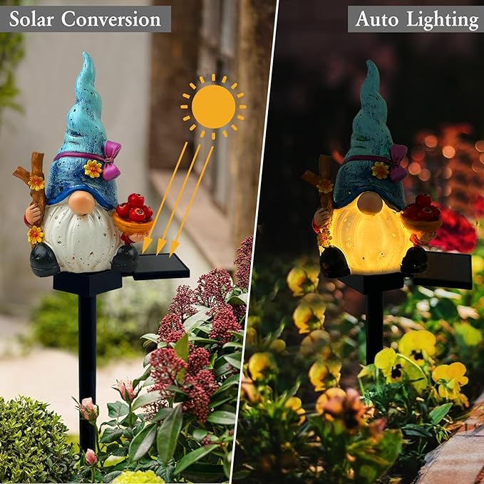 Solar Gnome Garden Lights, Outdoor Gnome Statue with Flowers & Apple, Solar Powered Fairy Garden Lights Gnome Decorations for Home Outside Yard Lawn Patio Gnomes Gifts (Blue)